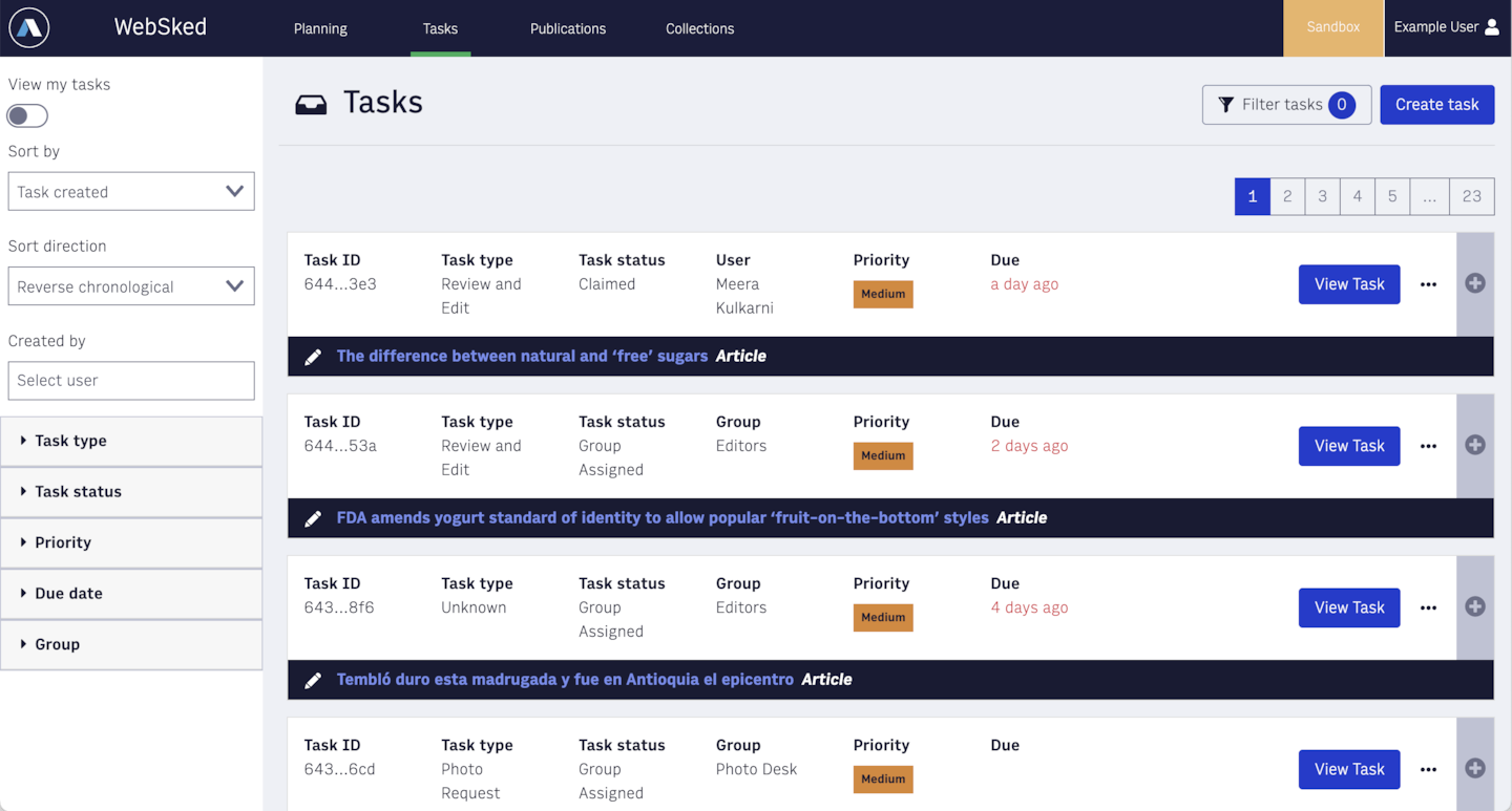 WebSked view showing open tasks that have basic information cards, each task can be examined or assigned, or updated.