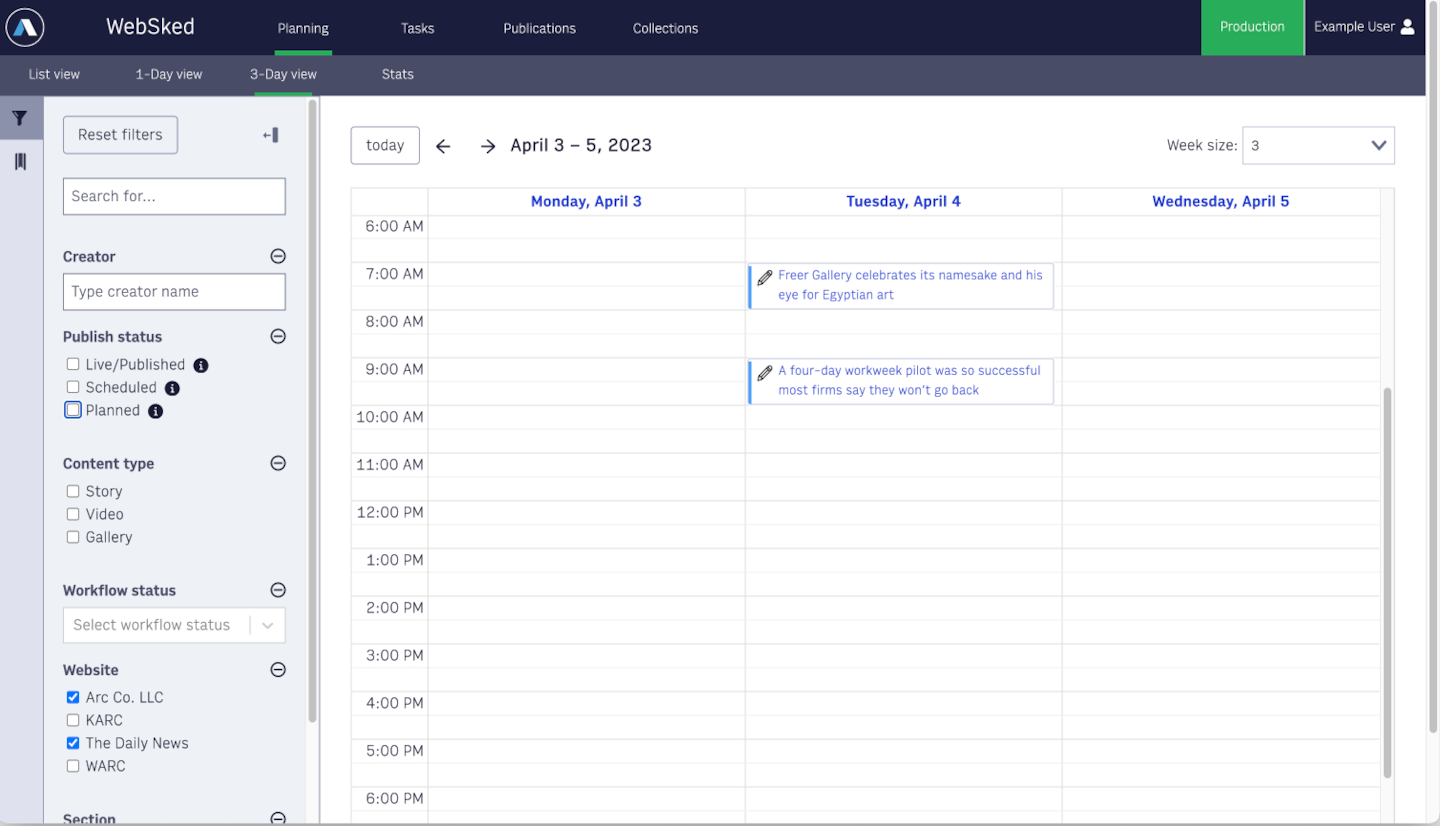 Under the planning tab in WebSked the 3 day calendar view of content is shown with two stories appearing on the same day