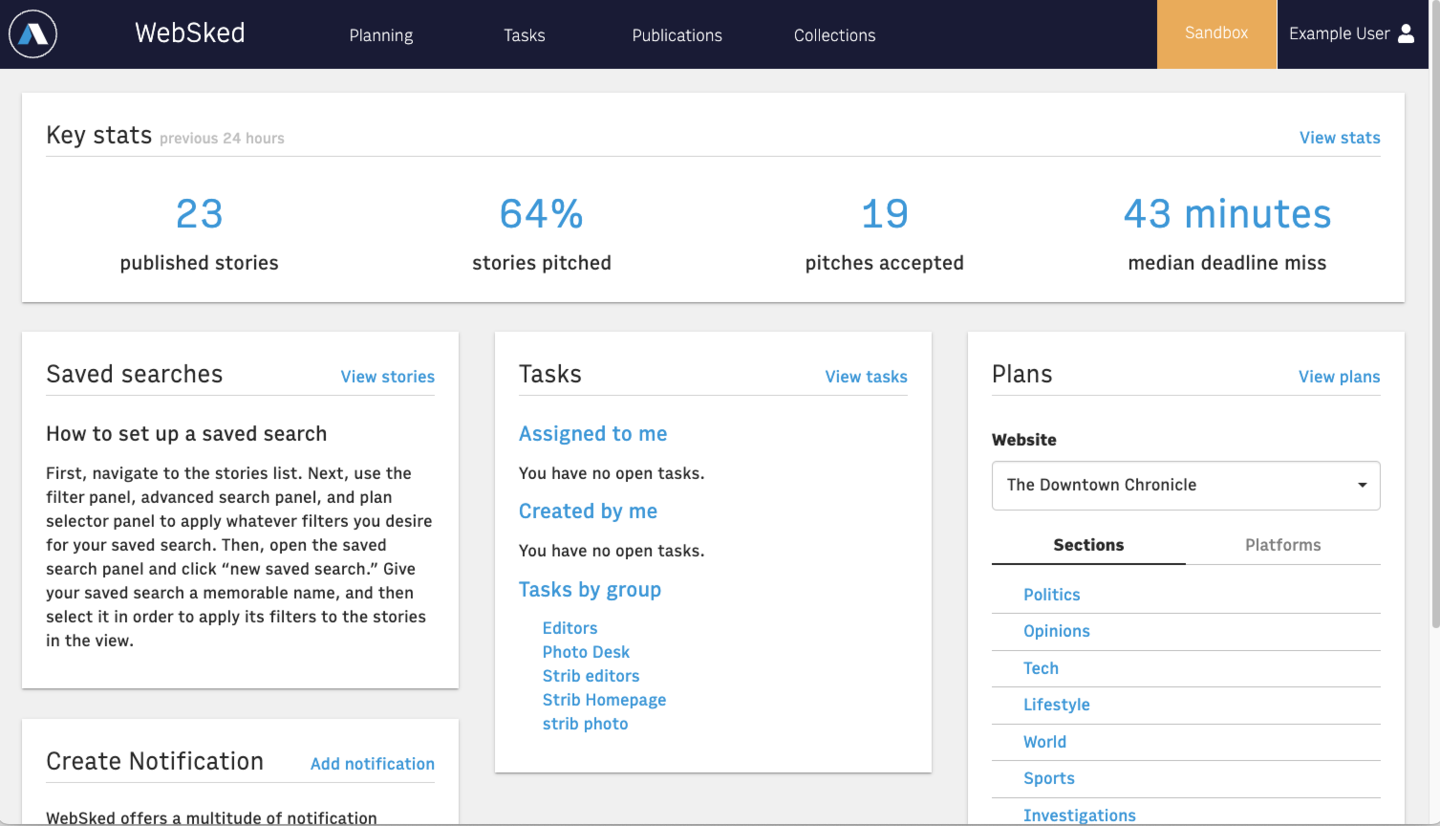 WebSked dashboard showing key stats, tasks and plans with main tabs for navigating the application